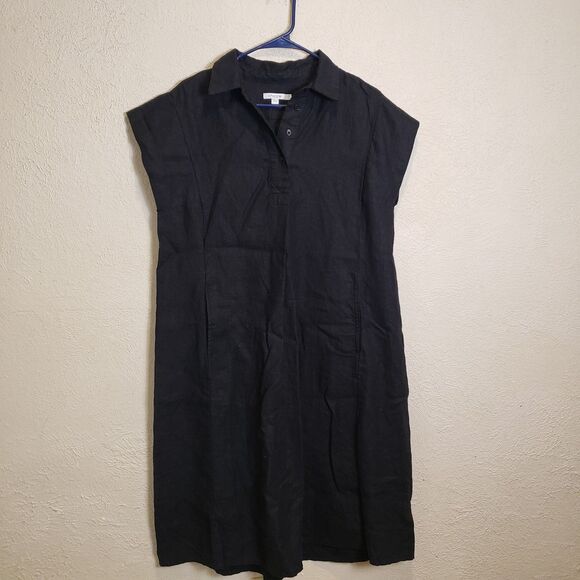 Chico’s Black Linen Shirt Dress Sz .5 Button Front Collared Short Sleeve Midi - Picture 3 of 11